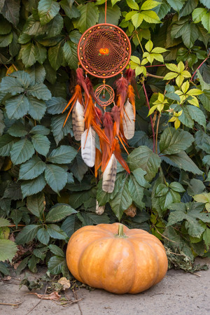 Dream catcher with feathers threads and beads rope hanging. Dreamcatcher handmadeの写真素材