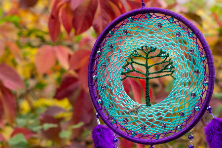 Dream catcher with feathers threads and beads rope hanging. Dreamcatcher handmadeの写真素材
