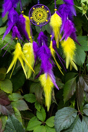 Dream catcher with feathers threads and beads rope hanging. Dreamcatcher handmadeの写真素材