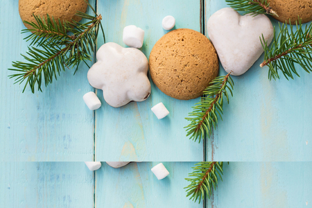 Christmas decoration with fir tree, Christmas cookies and marshmallow.の写真素材