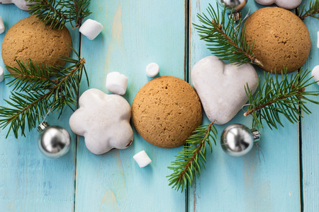 Christmas decoration with fir tree, Christmas cookies and marshmallow.の写真素材