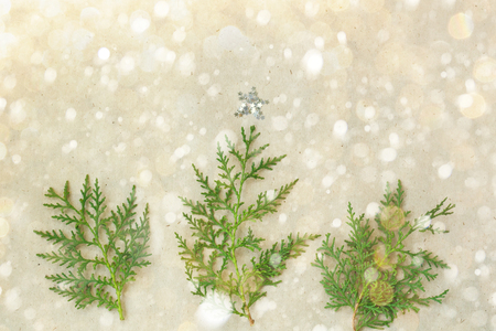 Christmas tree made of thuja branches and decorations star on rustic background. Christmas, new year concept. Flat lay, top view, copy space.の写真素材
