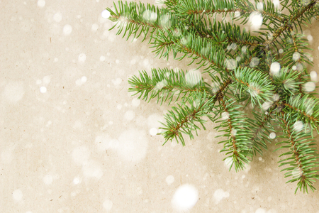 Festive christmas corner with fir branches and snowflakes with snow on rustic beige background.の写真素材
