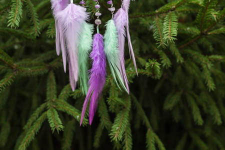 Dream catcher with feathers threads and beads rope hanging. Dreamcatcher handmadeの写真素材