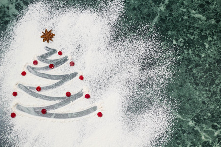 Christmas tree with the flour, berries and anise star spices as a decoration - homemade baking. Top viewの写真素材