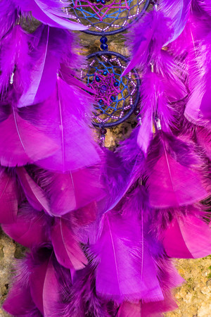 Dream catcher with feathers threads and beads rope hanging. Dreamcatcher handmadeの写真素材