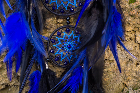 Dream catcher with feathers threads and beads rope hanging. Dreamcatcher handmadeの写真素材