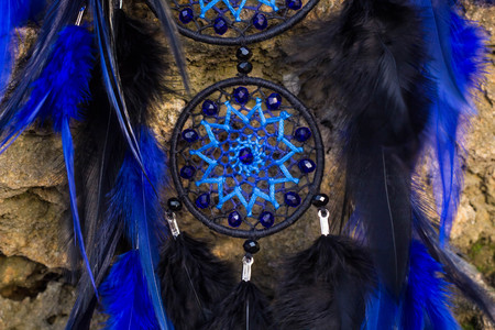 Dream catcher with feathers threads and beads rope hanging. Dreamcatcher handmadeの写真素材