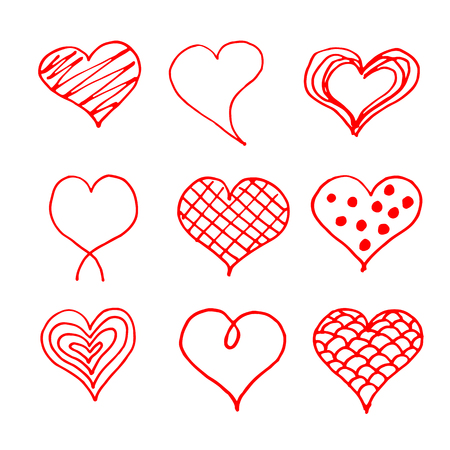 Valentines day hearts doodles set. Romantic stickers collection. Hand drawn effect vector.のイラスト素材
