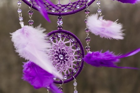 Dream catcher with feathers threads and beads rope hanging. Dreamcatcher handmadeの写真素材