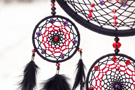 Dream catcher with feathers threads and beads rope hanging. Dreamcatcher handmadeの写真素材