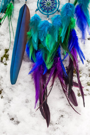 Dream catcher with feathers threads and beads rope hanging. Dreamcatcher handmadeの写真素材