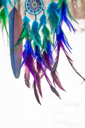 Dream catcher with feathers threads and beads rope hanging. Dreamcatcher handmadeの写真素材
