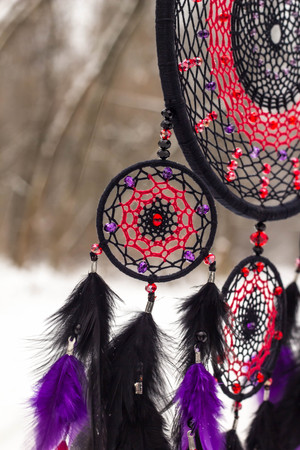 Dream catcher with feathers threads and beads rope hanging. Dreamcatcher handmadeの写真素材
