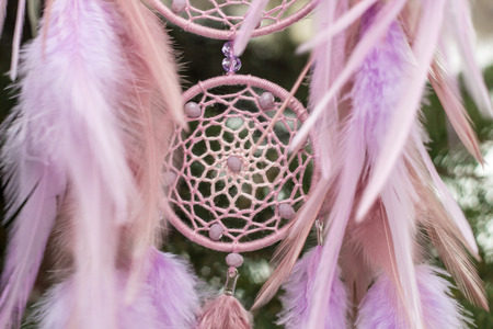Dream catcher with feathers threads and beads rope hanging. Dreamcatcher handmadeの写真素材