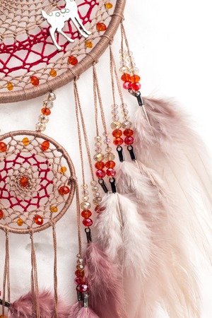 Dream catcher with feathers threads and beads rope hanging. Dreamcatcher handmadeの写真素材