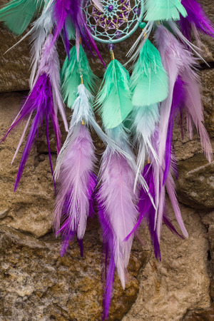 Dream catcher with feathers threads and beads rope hanging. Dreamcatcher handmadeの写真素材