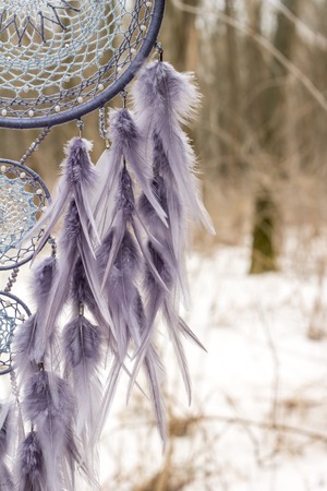 Dream catcher with feathers threads and beads rope hanging. Dreamcatcher handmadeの写真素材