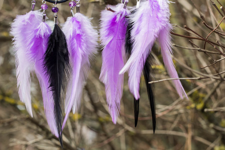 earrings of dream catcher with feathers threads and beads rope hanging. Dreamcatcher handmadeの写真素材