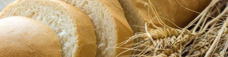 Banner of Sliced bread with wheat spikes on wooden table closeup.
