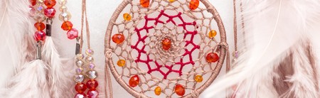 Banner of Dream catcher with feathers threads and beads rope hanging. Dreamcatcher handmadeの写真素材