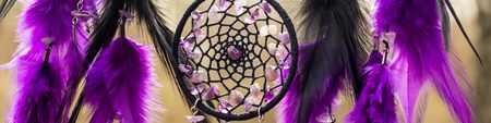 Banner of Dream catcher with feathers threads and beads rope hanging. Dreamcatcher handmadeの写真素材