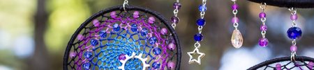 Banner of Dream catcher with feathers threads and beads rope hanging. Dreamcatcher handmadeの写真素材