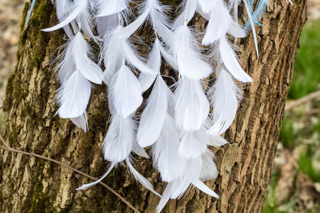 Dream catcher with feathers threads and beads rope hanging. Dreamcatcher handmadeの写真素材