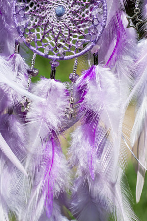 Dream catcher with feathers threads and beads rope hanging. Dreamcatcher handmadeの写真素材