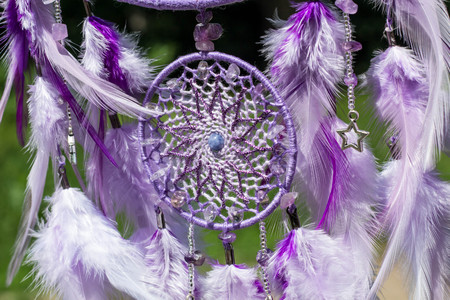 Dream catcher with feathers threads and beads rope hanging. Dreamcatcher handmadeの写真素材