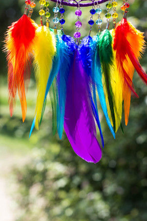 Dream catcher with feathers threads and beads rope hanging. Dreamcatcher handmadeの写真素材
