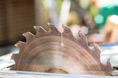 Electric saw table tool for woodwork with free space. Workshop with nobodyの写真素材