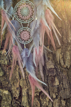 Dream catcher with feathers threads and beads rope hanging. Dreamcatcher handmadeの写真素材