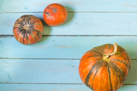 Autumn background with mini pumpkins overhead view with copy space.の写真素材