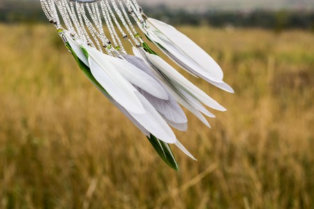 Dream catcher with feathers threads and beads rope hanging. Dreamcatcher handmadeの写真素材