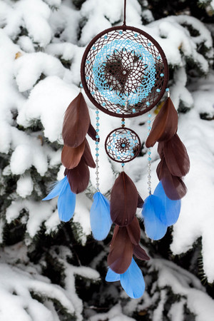 Dream catcher with feathers threads and beads rope hanging. Dreamcatcher handmadeの写真素材