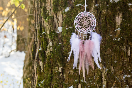 Dream catcher with feathers threads and beads rope hanging. Dreamcatcher handmadeの写真素材