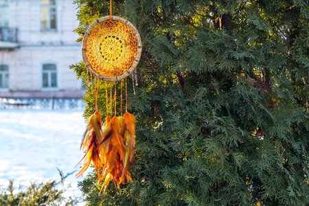 Dream catcher with feathers threads and beads rope hanging. Dreamcatcher handmadeの写真素材