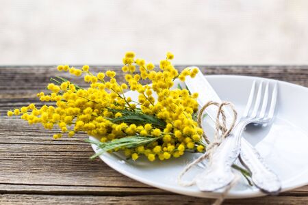 Fork knife with plate and beautiful mimosa flowers on wooden table on window background. spring Easter holiday dinner.の写真素材
