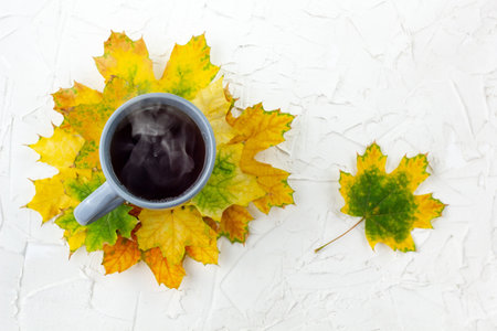 coffee in gray cup with autumn yellow maple leaves on white tableの写真素材