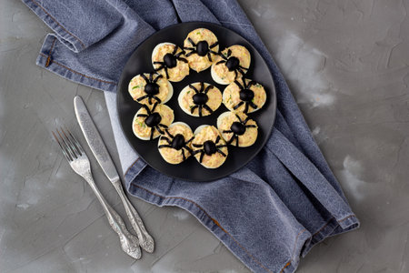 Deviled Eggs With A Spider For Halloween Party. Fun food for kids with napkin fork and knife. Top view with copy spaceの写真素材