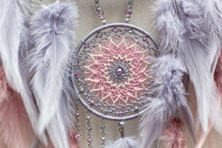 Dream catcher with feathers threads and beads rope hanging. Dreamcatcher handmade