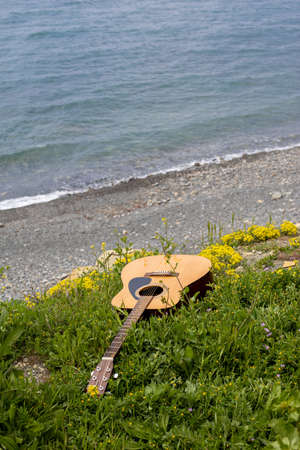 acoustic guitar lying in the green grass on the background of the sea. romantic music sound concept on the beachの写真素材