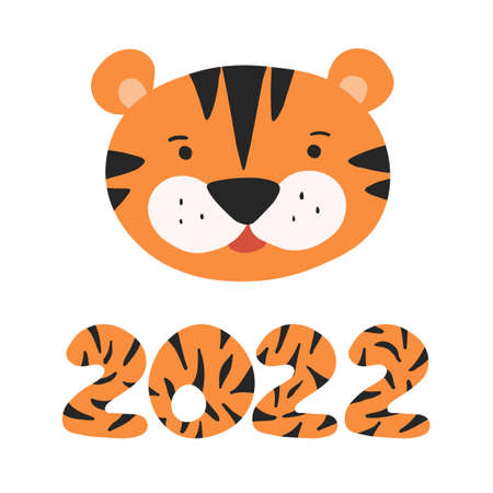 Hand drawn cartoon vector illustration of a cute funny wild tiger head and orange numbers 2022 with stripes. Cute Chinese New Year 2022 Christmas logo with baby tiger character face.のイラスト素材