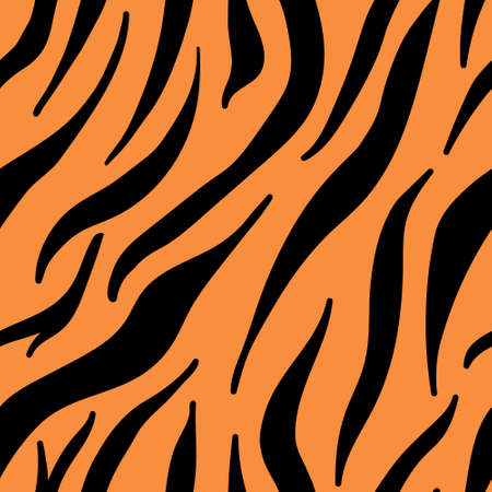 Black and orange stripes tiger skin. Hand drawn doodle seamless pattern. Vector animal texture printのイラスト素材