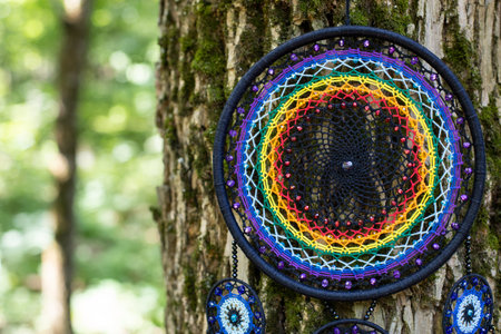 Dream catcher with feathers threads and beads rope hanging. Dreamcatcher handmade