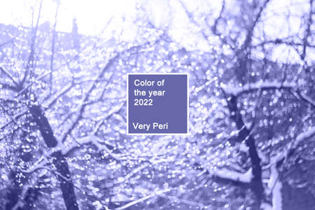 winter snow blurred background in city park, snowfall in forest, tree branches covered with snow, abstract snowflakes in blur in very peri trendy color of the year 2022. background.の写真素材