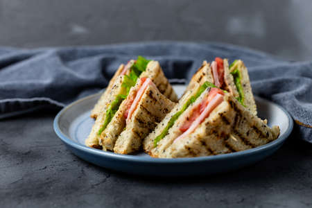 sandwich with ham cheese tomatoes lettuce onions on plate. Classic club sandwich with whole grain bread on dark background.の写真素材