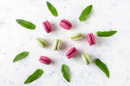 Design of green and pink macarons with mint leaves on light white background. Traditional French sweet dessert. top view, copy spaceの写真素材