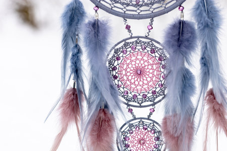Dream catcher with feathers threads and beads rope hanging. Dreamcatcher handmadeの写真素材